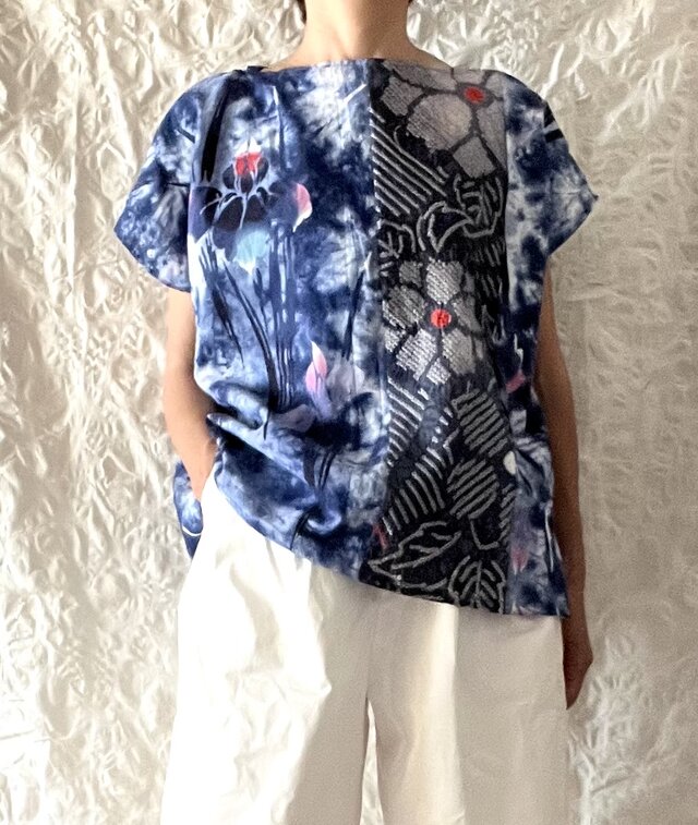浴衣リメイク　95番パッチワーク仕様スカジャン風 有松絞りと浴衣のパッチワークトップス 着物リメイク | iichi 日々の