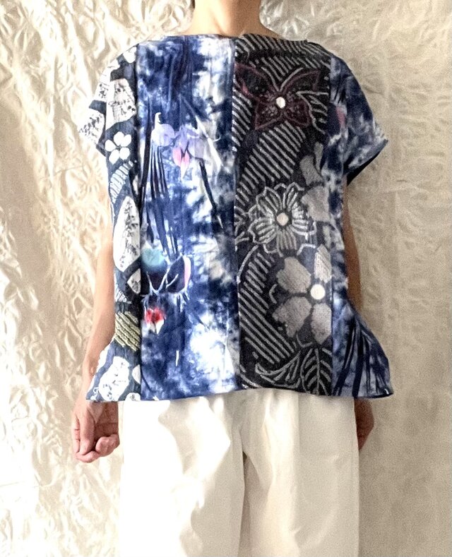 一点のみ　有松鳴海絞り　浴衣リメイク　パッチワーク　大きめフリーサイズ 有松絞りと浴衣のパッチワークトップス 着物リメイク | iichi 日々の