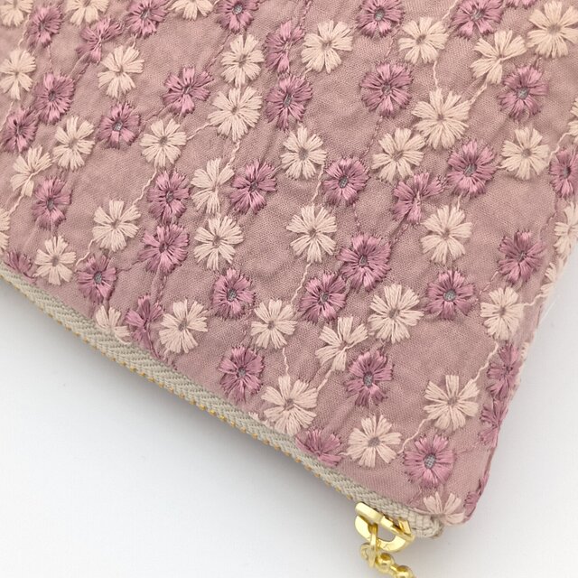 保温・保冷の洗えるミニポーチ 小花柄の刺繍 小さめ14cm ピンク 752