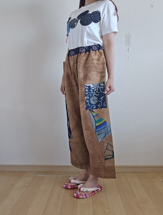 着物リメイク ハンドメイド 柿渋染め 絣 パッチワーク パンツ | iichi