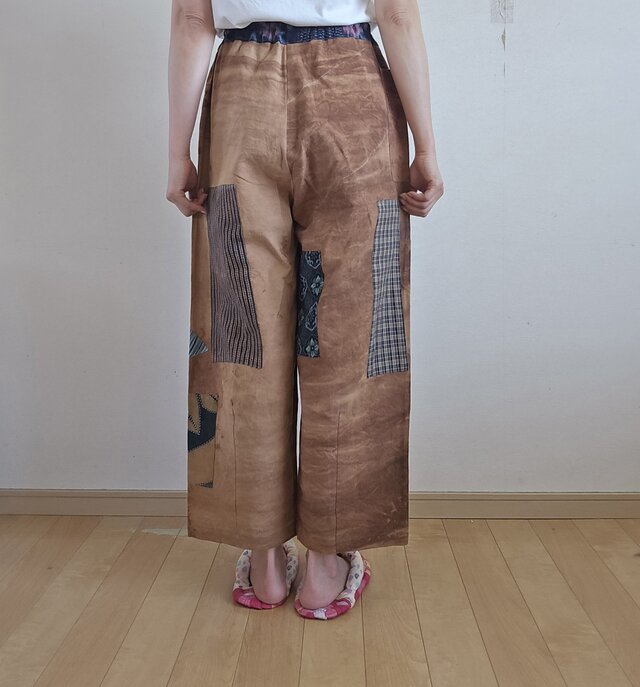 着物リメイク ハンドメイド 柿渋染め 絣 パッチワーク パンツ | iichi