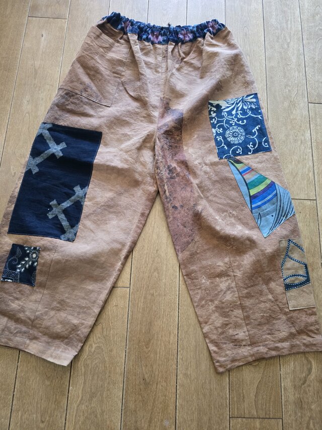 着物リメイク ハンドメイド 柿渋染め 絣 パッチワーク パンツ | iichi
