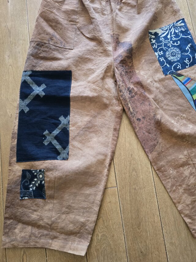 着物リメイク ハンドメイド 柿渋染め 絣 パッチワーク パンツ | iichi