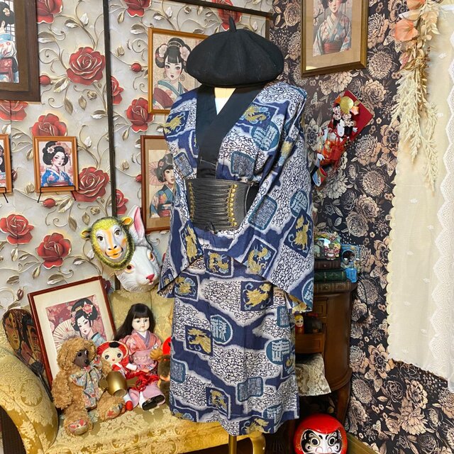 浴衣リメイク フード付きワンピース 龍 ブラック 和洋折衷 長襦袢 