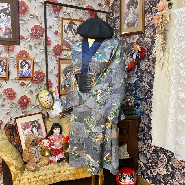 【未使用品】和人形の着物 古布 大人の着物からのリメイク 梅の衣 小紋 和洋折衷 長襦袢 ワンピース ドレス ユニセックス 着物 リメイク