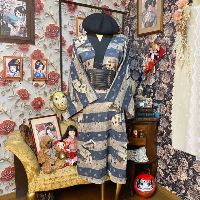 和洋折衷 長襦袢 ワンピース ドレス ユニセックス 着物 リメイク 藍色