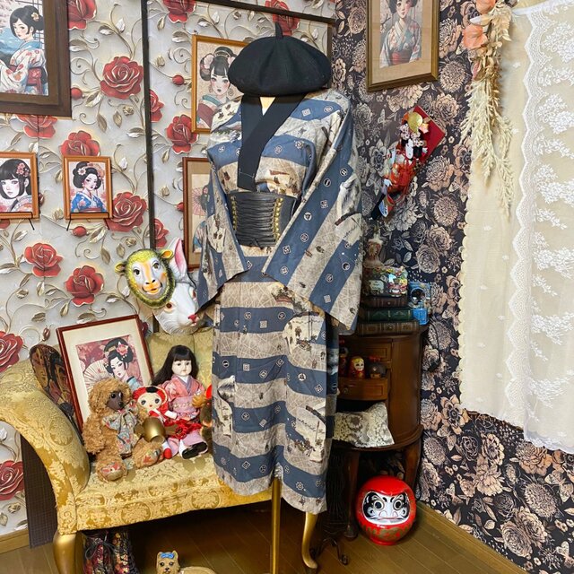 和洋折衷 長襦袢 ワンピース ドレス ユニセックス 着物 リメイク 藍色