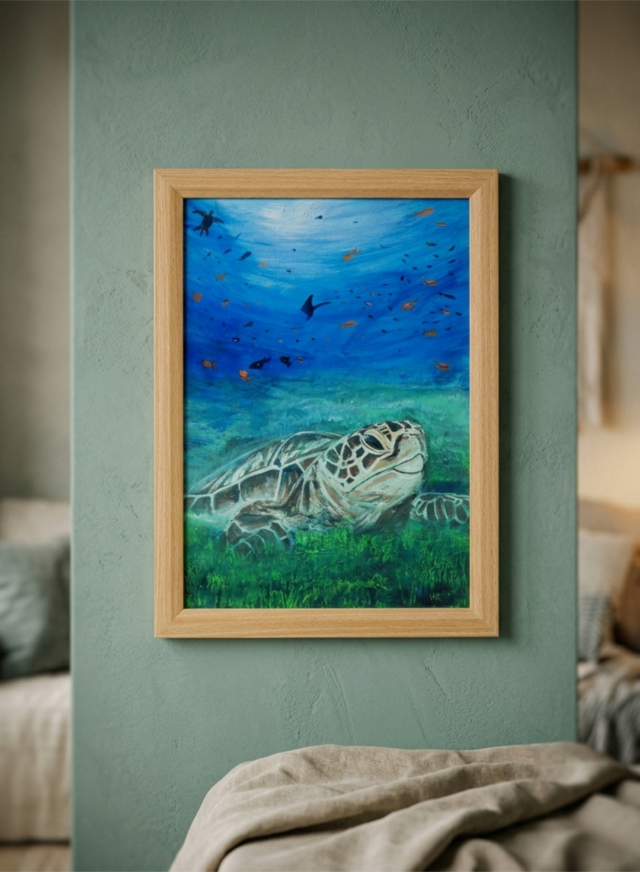 油彩画 原画『光射す深海へ 〜癒やしのウミガメ〜』海と光の癒やし