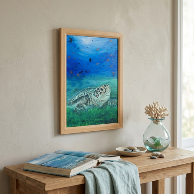 油彩画 原画『光射す深海へ 〜癒やしのウミガメ〜』海と光の癒やし