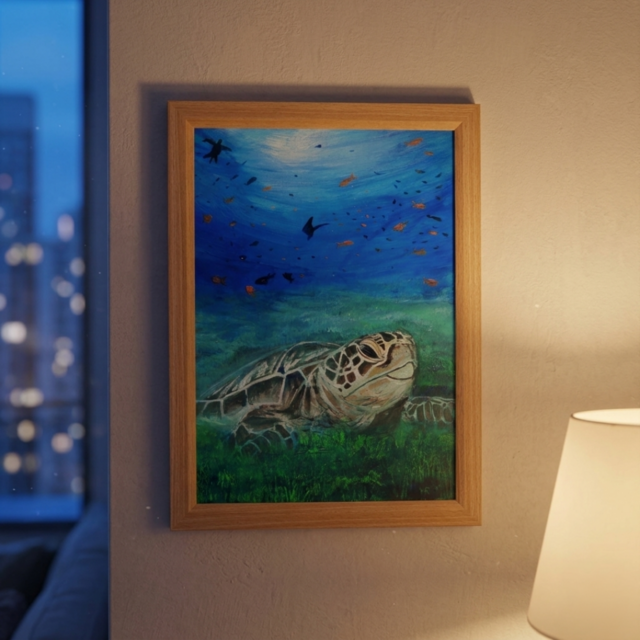 油彩画 原画『光射す深海へ 〜癒やしのウミガメ〜』海と光の癒やし