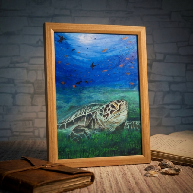 油彩画 原画『光射す深海へ 〜癒やしのウミガメ〜』海と光の癒やし