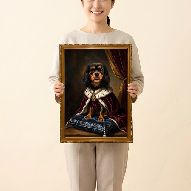 犬（キャバリア）のルネサンス風肖像画 油絵風アートA3額装インテリア