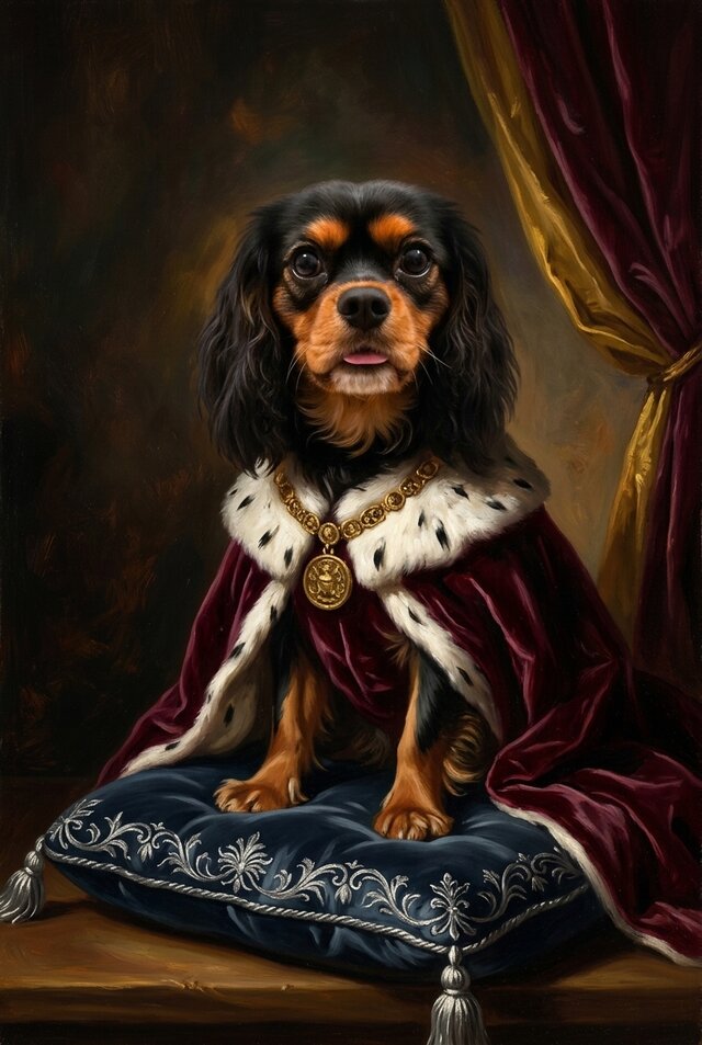 犬（キャバリア）のルネサンス風肖像画 油絵風アートA3額装インテリア