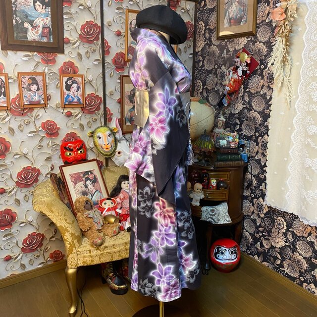 浴衣リメイク セミロング ワンピース ドレス 帯サッシュベルト付 和洋