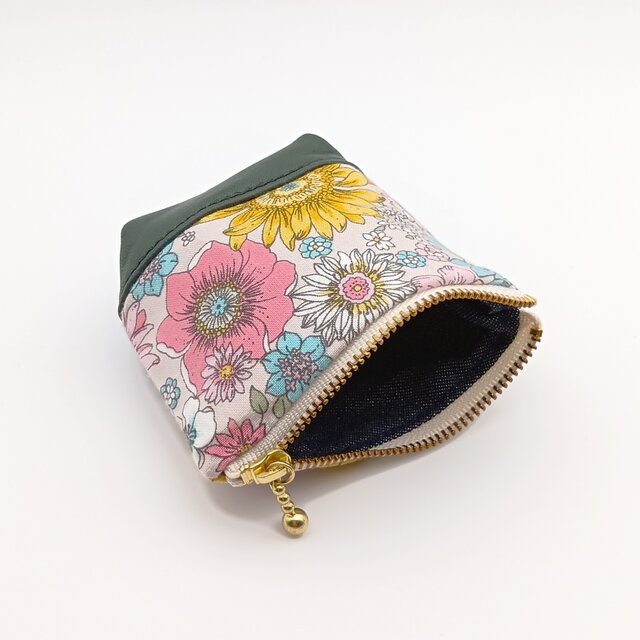 13a.【レザー】ミニミニポーチ　ハンドメイド レザー超ミニ10cm 花柄の小さめポーチ ダークグリーン本革 873 | iichi