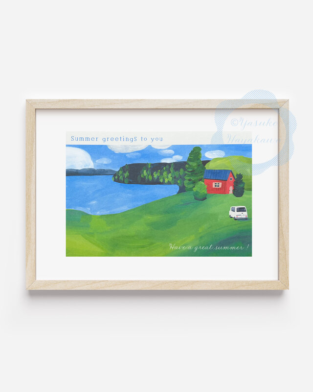 124）北欧の赤い家と湖の風景 暑中見舞いカード 3枚セット | iichi