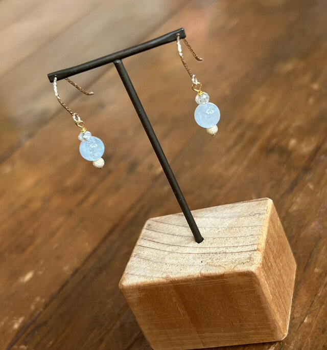 天然ダイアモンド・ビーズカットピアス+アクアマリン◇ K14GF (K24純金