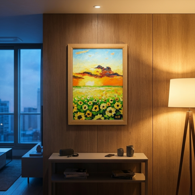 原画】油彩画「黄金色の明日へ」A4サイズ（額装付き）向日葵と夕陽の