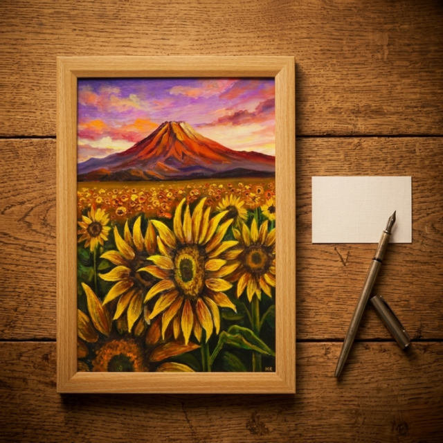 原画】油絵 絵画「黄金色の夕日と赤富士のひまわり畑」開運アート 風景