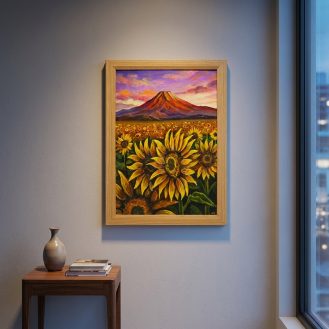 原画】油絵 絵画「黄金色の夕日と赤富士のひまわり畑」開運アート 風景