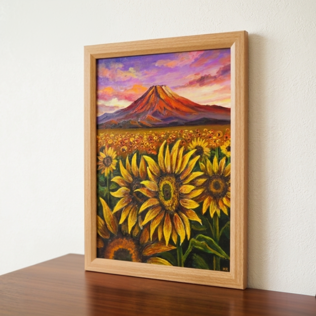原画】油絵 絵画「黄金色の夕日と赤富士のひまわり畑」開運アート 風景