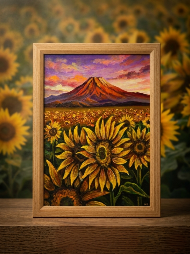 原画】油絵 絵画「黄金色の夕日と赤富士のひまわり畑」開運アート 風景