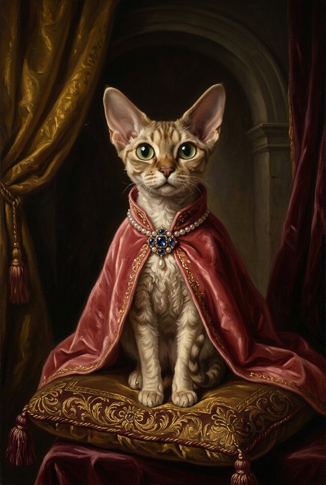 猫（デボンレックス）のルネサンス風肖像画 油絵風アートA3額装