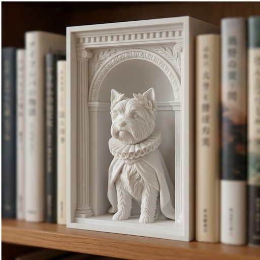 犬（ヨークシャーテリア）の3Dプリント ブックヌーク 白PLA 本棚