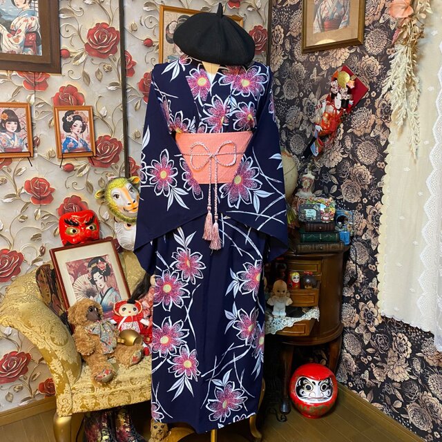 浴衣リメイク ロング ワンピース ドレス 帯サッシュベルト付 和洋折衷