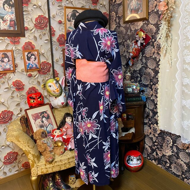浴衣リメイク ロング ワンピース ドレス 帯サッシュベルト付 和洋折衷