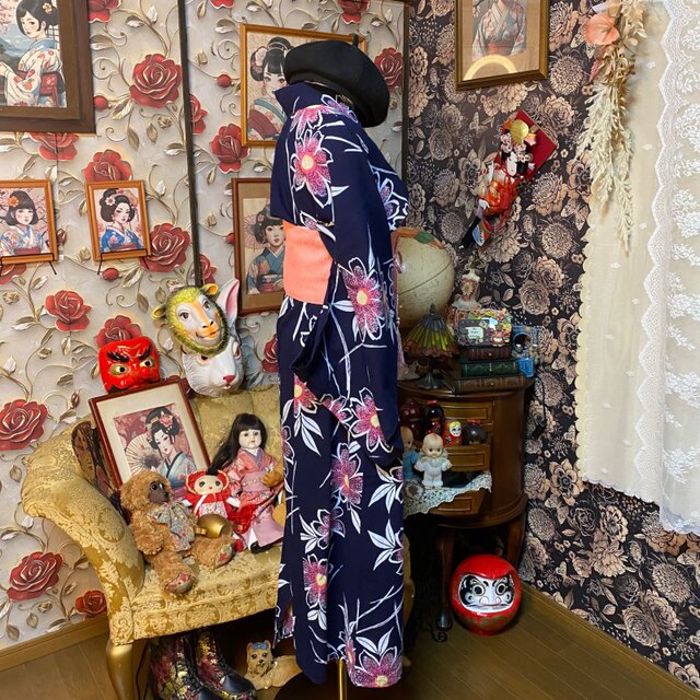 浴衣リメイク ロング ワンピース ドレス 帯サッシュベルト付 和洋折衷