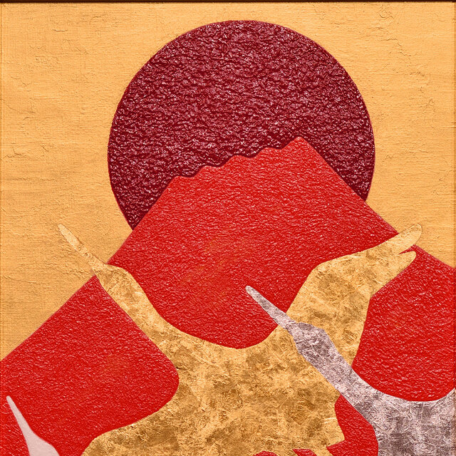 『飛鶴赤富士』●がんどうあつし肉筆絵画油絵日本画石川県産24K純金プラチナ箔使用 飛鶴赤富士』○がんどうあつし肉筆絵画油絵日本画石川県産24K純金