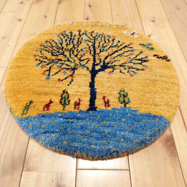 ペルシャ 手織り本物 アート ギャッベ 57×80cm 豊穣のザクロ文様 ハンドメイド ペルシャ ギャッベ アマレバフト 横40Φ40㎝ 円形 ザクロ