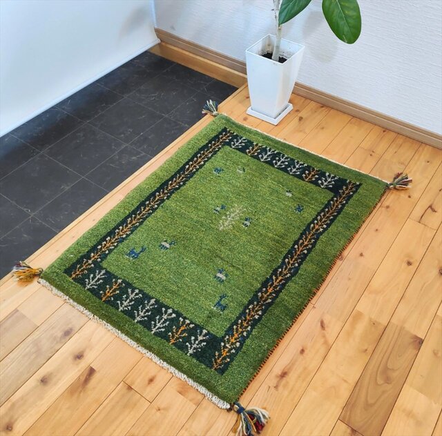 ハンドメイド ペルシャ ギャッベ ラグ 玄関マット 90x66cm 黄緑色 生命