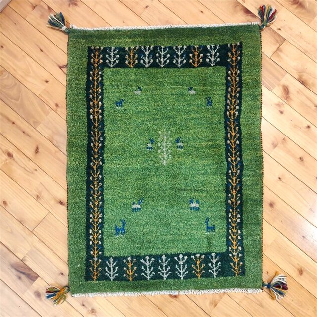 ハンドメイド ペルシャ ギャッベ ラグ 玄関マット 90x66cm 黄緑色 生命