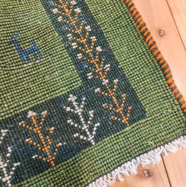 ハンドメイド ペルシャ ギャッベ ラグ 玄関マット 90x66cm 黄緑色 生命