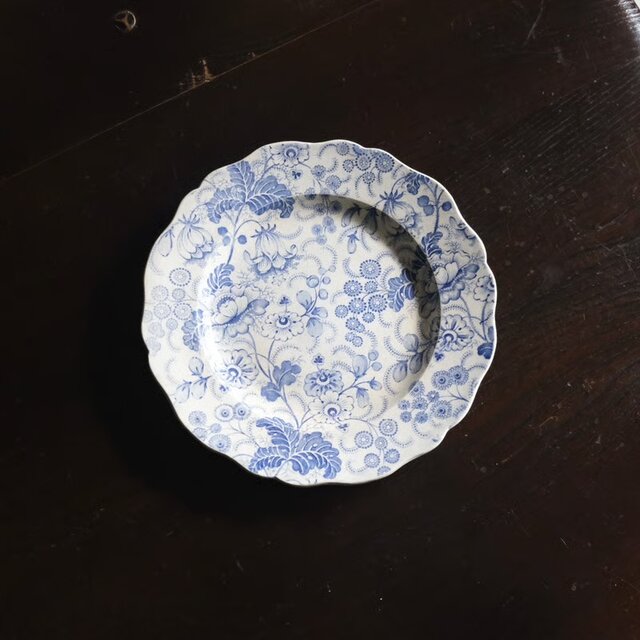 モントロー窯 1820年代 ファイアンスフィン 花リム大皿 D.Johnston/Bordeaux ファイアンスフィーヌ タピスリー 花リム 平皿
