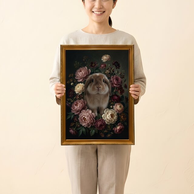 うさぎ（アメリカンファジーロップ）の花の油絵風アート A3額装