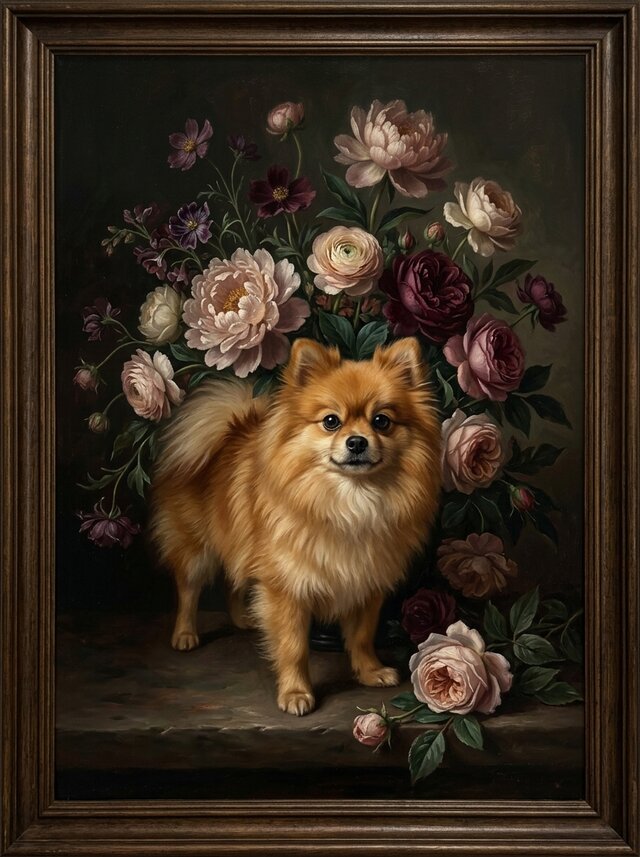 犬（ポメラニアン）の花に囲まれた油絵風アート A3額装インテリア