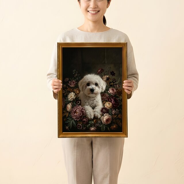 犬（ビションフリーゼ）の花に囲まれた油絵風アート A3額装インテリア