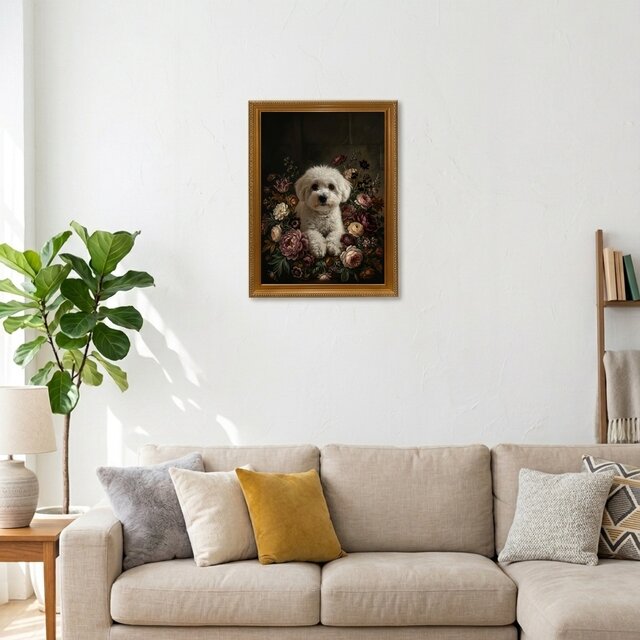 犬（ビションフリーゼ）の花に囲まれた油絵風アート A3額装インテリア