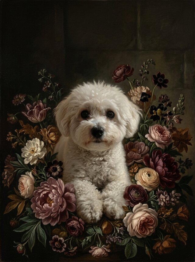 犬（ビションフリーゼ）の花に囲まれた油絵風アート A3額装インテリア