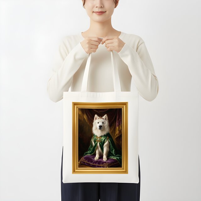 犬（サモエド）トートバッグ ルネサンス風カラーアート 金縁フレーム