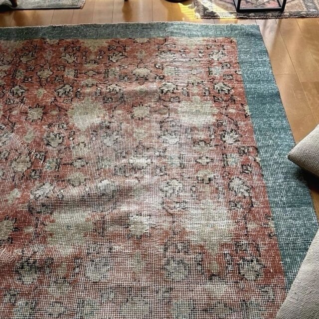 トルコ ヴィンテージ ラグ 花柄 オリエンタル サーモンピンク グリーン 109×202コーラルピンク×ミントグリーン ボタニカル トルコヴィンテージ
