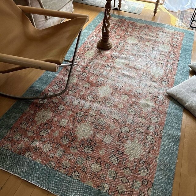 ピンクラグ ボタニカル　ラグ 109×202コーラルピンク×ミントグリーン ボタニカル トルコヴィンテージ