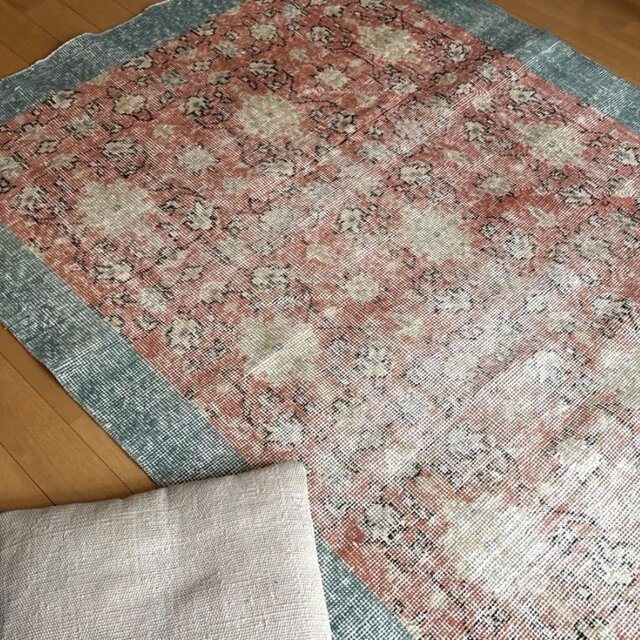 109×202コーラルピンク×ミントグリーン ボタニカル トルコヴィンテージ