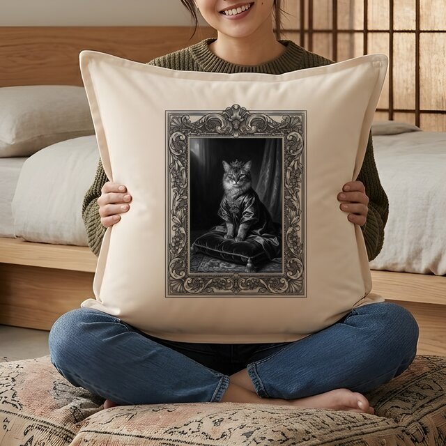 猫（アビシニアン）クッション 45cm ルネサンス風モノクロアート 額縁