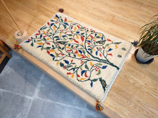 ハンドメイド ペルシャ ギャッベ 玄関マット ラグ 90x62cm 鳥 花
