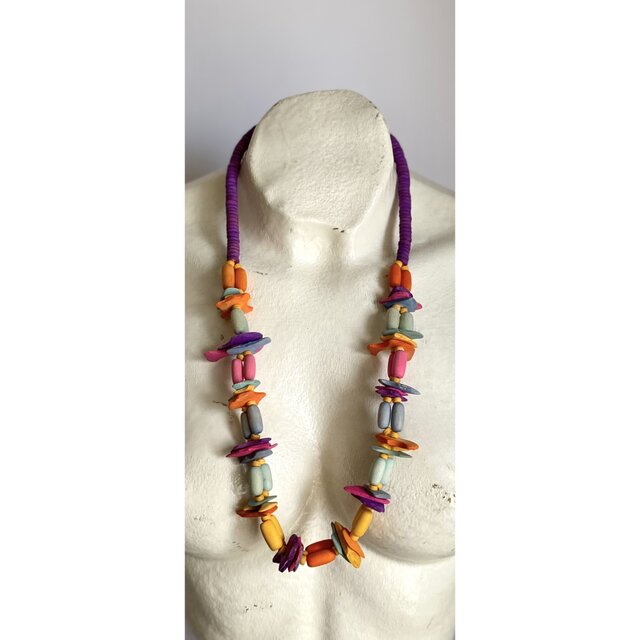 Vintage 70s-80s USA retro multicolor wood beads necklace | iichi