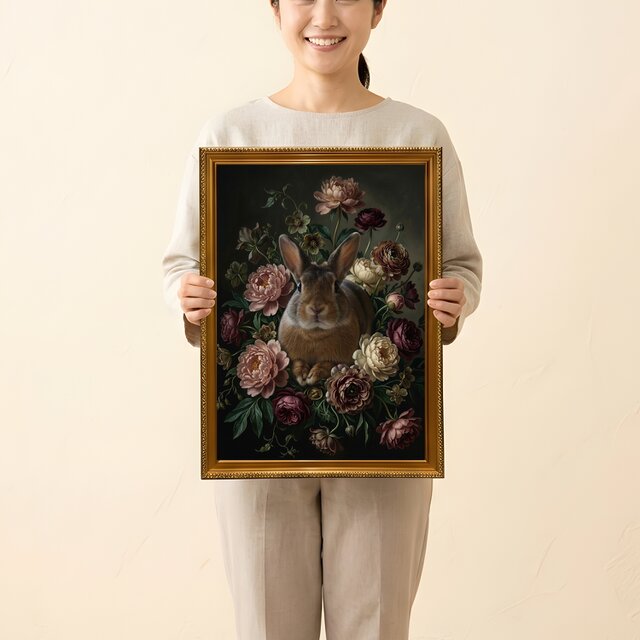 うさぎ（ミニレッキス）の花に囲まれた油絵風アート A3額装インテリア